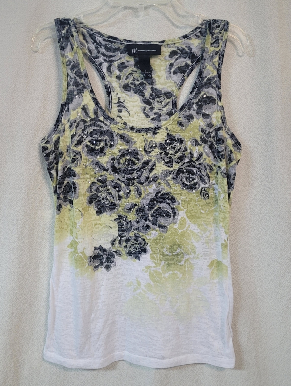 INC International Concepts Floral Ombre Racer Tank Top Semi Sheer Rhinestone Med